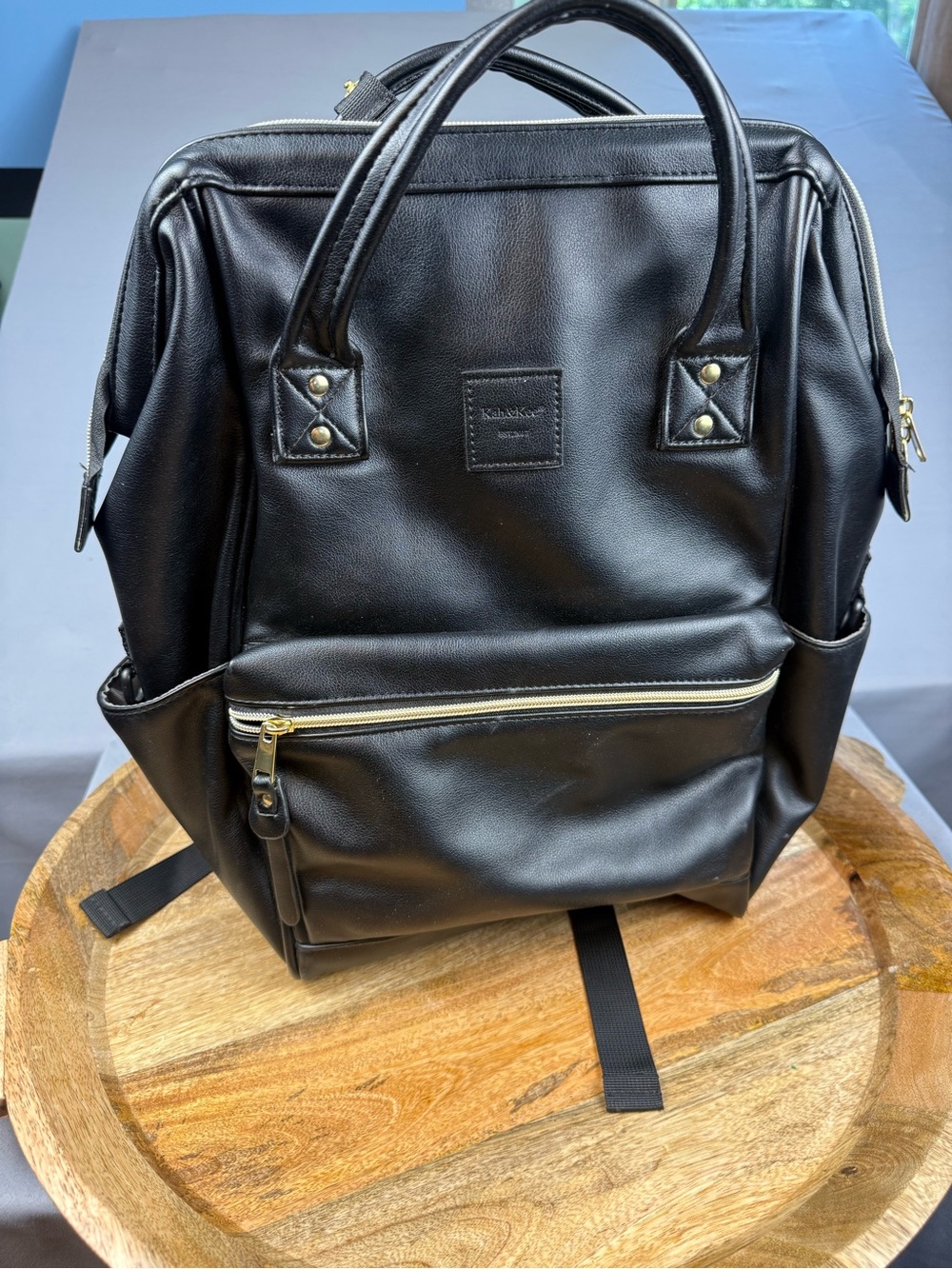 Kah & Kee Black Faux Leather Diaper Backpack | Travel Baby Laptop Bag